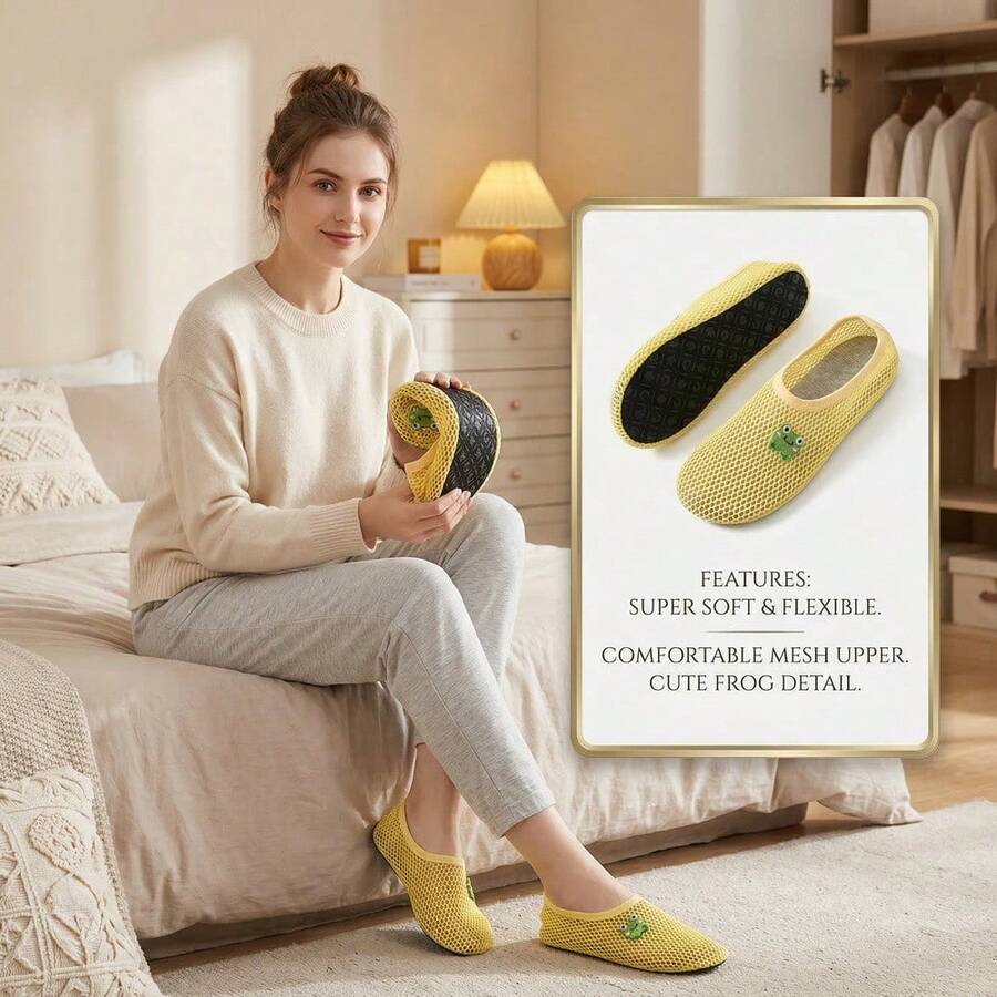 2026 Spring/Summer New Breathable Hollow-Out Slip-On Socks Shoes, Animal Embroidery, Unisex, Yellow Frog, Comfortable Indoor/Home Quiet Non-Slip Suitable For Yoga, Exercise, Travel, Foldable Soft Sole Lightweight - Yellow - View 1