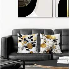 Juego de 2 fundas de almohada botánicas negras y doradas 20 x 20 pulgadas fundas de almohada decorativas abstractas modernas para sala de estar recámara decoración moderna del hogar - Botnico negro y dorado - Ver 2