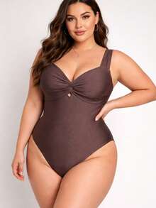 Elegant Women's Sleeveless Plus Size Swimsuit, Regular Length, One-Piece Design With A Twisted Detail At The Front And Slight Stretch For Casual Wear. - 鏽棕色 - 查看 6