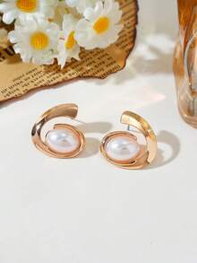 1 par de pendientes de aro elegantes y de moda con perlas falsas incrustadas, ligeros y lujosos, adecuados para viajes, playa y uso casual - Pendientes de perlas en espiral - Ver 1