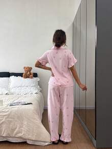 Dreamivo 情人节荷叶边条纹蝴蝶结睡衣套装，短袖上衣和长裤，轻薄睡衣 - 粉色 - 查看 2