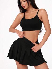 Women's High-Waisted Ruffled Short Skirt For Fitness, Gym, And Comfort In Supplex Fabric - 黑色 - 查看 5