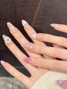 10 piezas de uñas postizas hechas a mano con flores rosas y moradas románticas, uñas falsas cortas de almendra con estilo francés de puntos, con flores 3D de perla y degradado, para primavera, picnic y uso diario, con pegamento de gelatina y lima de uñas, suministros de arte de uñas DIY - Multicolor - Ver 3