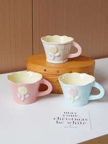 1pc 220ml Ceramic Coffee Cup With Embossed Floral Design Minimalist Asymmetric Rim Mug Pink Checkered Pattern With Blue Stripes Suitable For Home Decor Tableware Coffee Shop Latte And Milk Cup Summer Party Beverage Cup Giftware - Multicolor - View 8