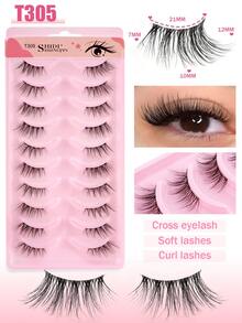 SHIDISHANGPIN 10对透明杆假睫毛，3D手工仿貂毛半眼睫毛，纤细柔软交叉卷翘延长款，适合小眼睛女孩日常及派对妆容 - 黑色 - 查看 6