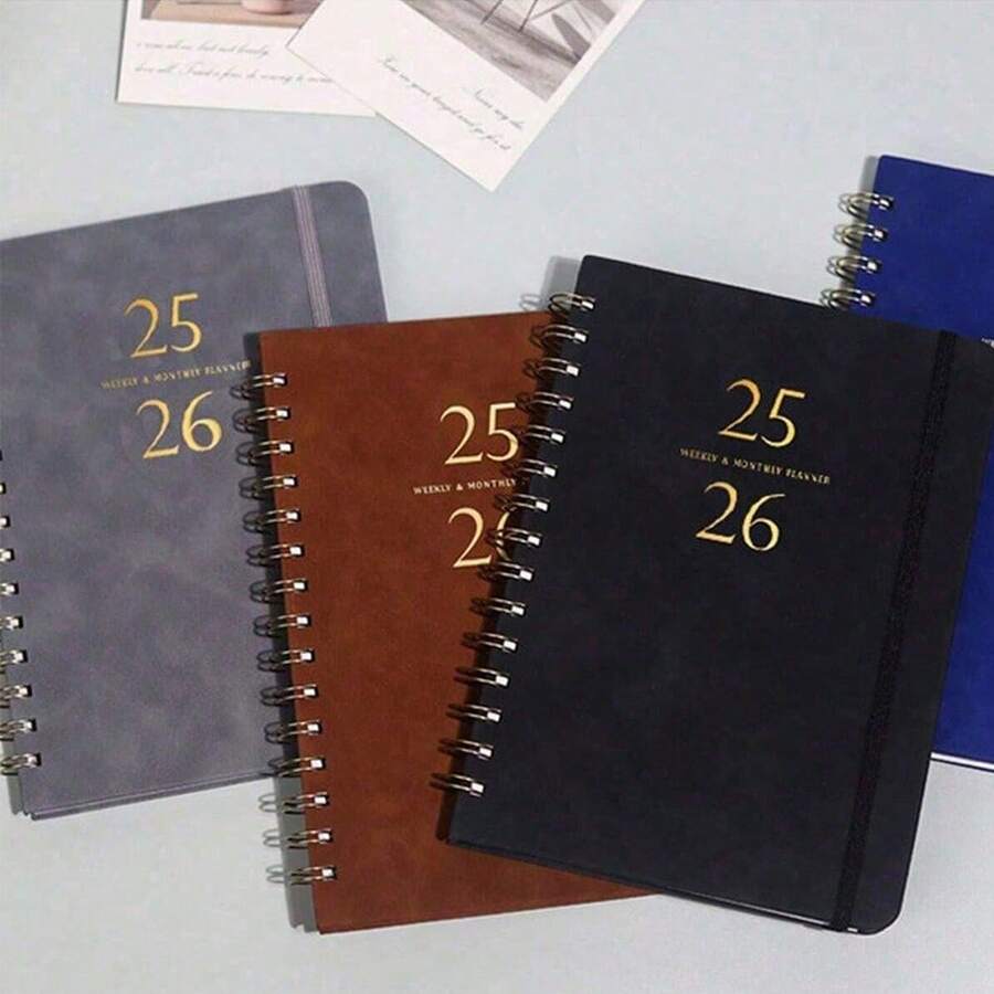 1pc 2025-2026 Weekly & Monthly Planner Notebook, Leather Spiral Bound Agenda, Office Diary, Student Writing Memo Pad, Calendar