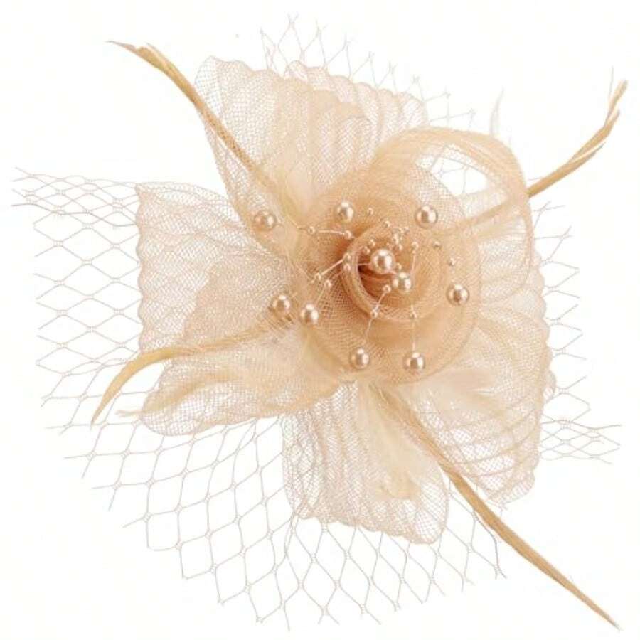 Women Fascinators Hats Flower Mesh Ribbon Feathers With Pin And Clip Tea Party Wedding Wear For Women And Girls - 直徑 6.3 / 卡其色 - 查看 1