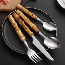 2/4/12件套天然竹柄不锈钢餐具套装，天然竹柄复古防滑，不锈钢镜面抛光，锯齿刀刃锋利，适合切牛排，叉勺一体式设计，可用于甜点和咖啡，新款中式高端餐具，适用于家庭用餐、民宿和餐厅，易于清洁且耐腐蚀，提升用餐体验，INS风格西式餐具套装，适用于节日、生日派对和日常用餐。 - 彩色 - 查看 8