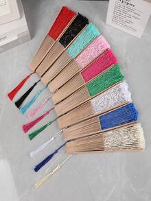 1pc Customized Lace Folding Fan, Exquisite Hollow Lace Foldable Fan, Vintage Palace Style Dance Fan, Classical Double-Layer Lace Fan For Wedding, Lolita Lace Fan, Tassel Folding Fan, Performance & Daily Use, Customized Wedding Accessory - Multicolor - View 8