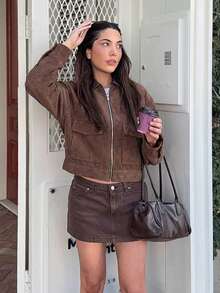 女士咖啡棕色夹克，PU领，长袖，前拉链口袋，街头风宽松休闲春秋外套 - 咖啡棕 - 查看 10