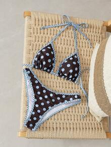 Bộ đồ bơi 2 mảnh gợi cảm và thời trang dễ thương họa tiết chấm bi buộc dây cổ cho nữ, thích hợp cho bãi biển, kỳ nghỉ, du lịch và hẹn hò, mùa xuân/hè. - Màu nâu với chấm xanh - Xem 4