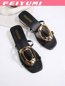 PEIYUMI New Women's Square Buckle Gold Fashionable Elegant Minimalist Sandals, Versatile For Beach, Home, Boho Style - Black - View 5