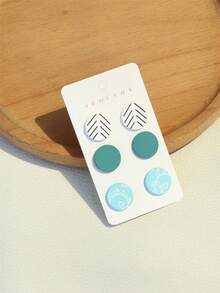 3对天蓝色和海军蓝条纹印花陶瓷质感个性化圆形亚克力耳环 - 彩色 - 查看 8