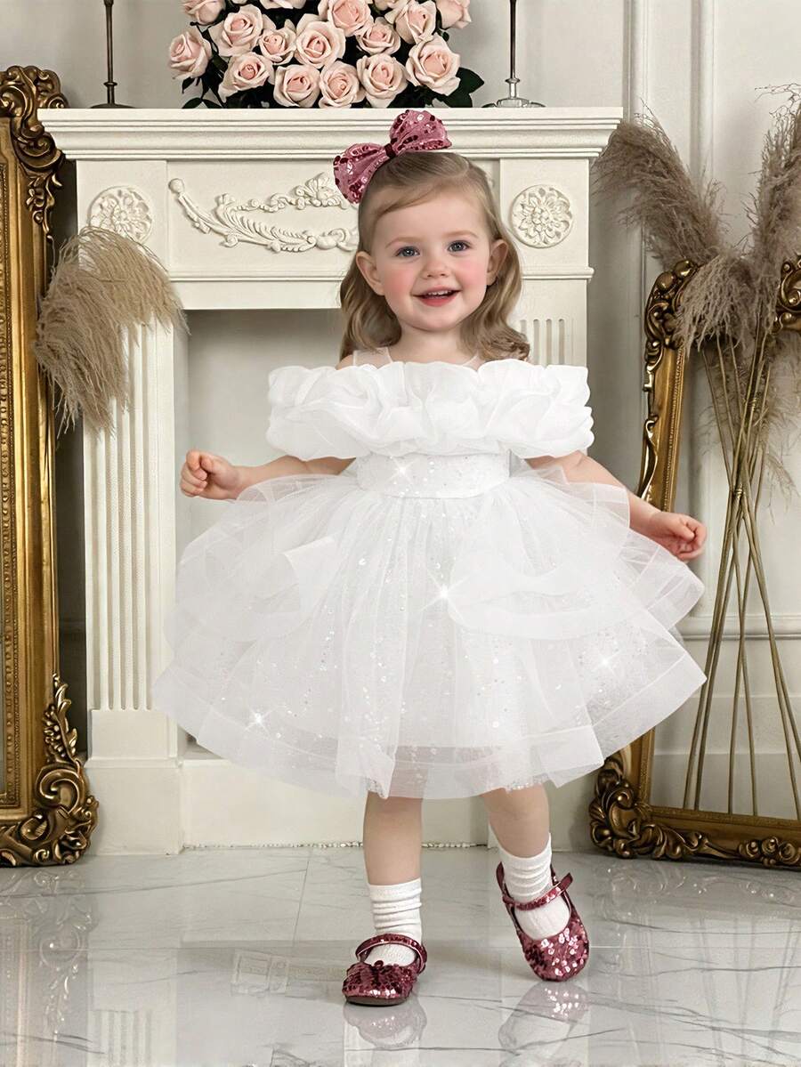 Baby Girls Sequin Mesh Cute Birthday Princess Dress, Suitable For Party, Celebration, Outing, Does Not Include Headband - White - View 1