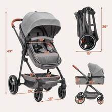 2-en-1 cochecito de bebé con cesta de Moisés para bebés y recién nacidos de 0 a 36 meses, cochecitos plegables ligeros de viaje con paraguas, cochecitos compactos con asientos reversibles para niños pequeños. - Gris - Ver 2