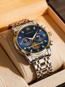 GUANQIN 1pc Men's Quartz Watch, Classic Chronograph Wristwatch, Water-Resistant, Suitable For Halloween, Christmas, Father's Day, Students, Festivals, Dates, Business, Daily Wear, Also As A Gift, Comes In Gift Box - Gold - View 1