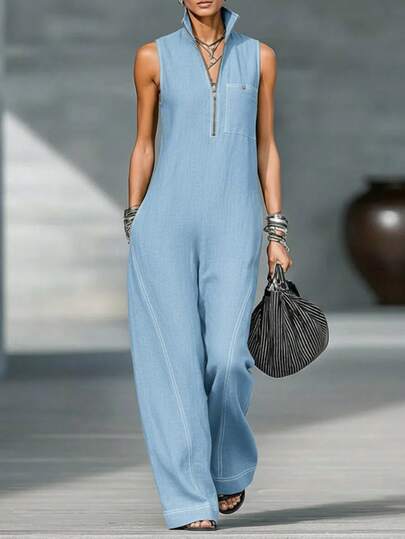 Summer Lazy Style Women's Stand Up Collar Sleeveless Casual Loose Leg Jumpsuit Contrasting Color Summer Casual Loose Commuting Jumpsuit