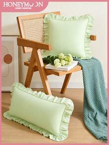 1pc Honeymoon Series Ruffled Quilted Throw Pillow Cover - Made Of Polyester Velvet Fabric, Romantic French Style Ruffled Pillow Cover (Pillow Insert Not Included), Envelope Closure, Wrinkle Resistant, Machine Washable, Oeko-Tex Certified, Light Green - Light Green - View 2