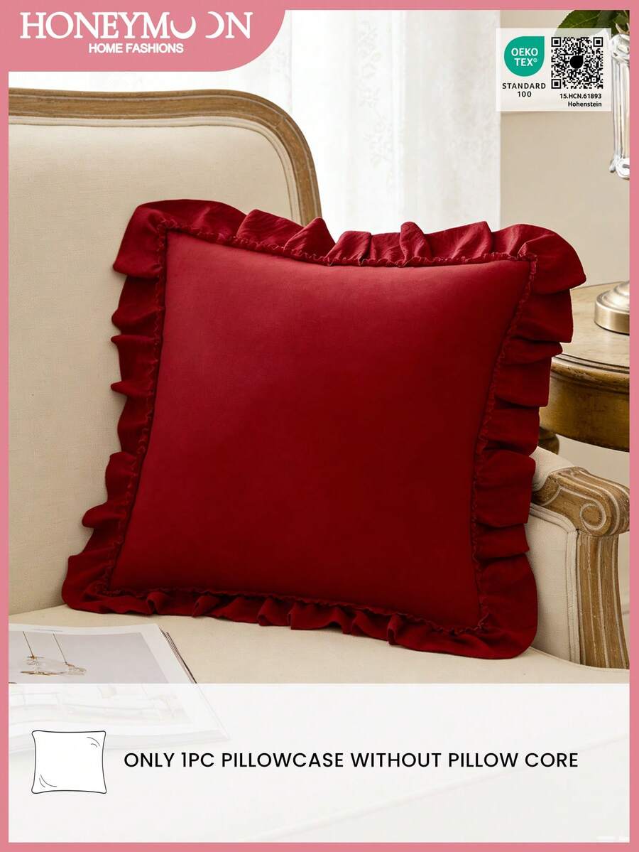 1 pieza Funda de almohada acolchada con volantes de la serie Honeymoon - Hecha de tela de terciopelo de poliéster, funda de almohada con volantes estilo francés romántico (no incluye el relleno de la almohada), cierre de sobre, resistente a las arrugas, lavable a máquina, certificado OEKO-TEX, color borgoña - Burdeos - Ver 1