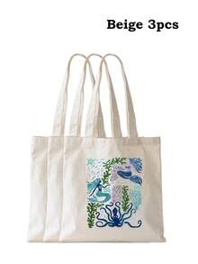 海洋生物印花帆布手提袋，轻便可重复使用，适合泳池度假日常必备 - 彩色 - 查看 19