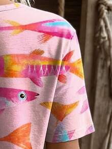 Women's Pink Short Sleeve Knit Round Neck Colorful Fish Print Regular T-Shirt, Slightly Stretchy Vacation Casual Summer - Pink - View 5