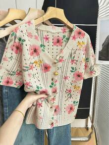 Women's Floral Print Hollow Out Short Sleeve V-Neck Knit Cardigan, Regular Fit Front Button Lightweight Top, Vacation Wear, Summer - Khaki - View 3