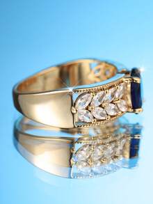 1枚创意椭圆形蓝色立方氧化锆和水滴形白色立方氧化锆镀金戒指，适合日常佩戴、情人节、派对、宴会、所有季节 - 金黃色 - 查看 3