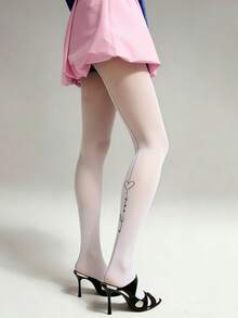 1 Pair White Sheer Tights With Black Heart Print Sexy Contrast Pattern Stockings Daily Wear - Multicolor - View 1