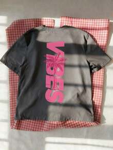 Women's Minimalist Coconut Tree Slogan Print Casual Round Neck Short Sleeve T-Shirt, Simple & Versatile, Suitable For Daily & Holiday Wear.Graphic Tee, Women, White, Black, Pink Summer VacationCasual Daily Wear, Pefert For Summer Vacation Outfits - 深灰色 - 查看 8
