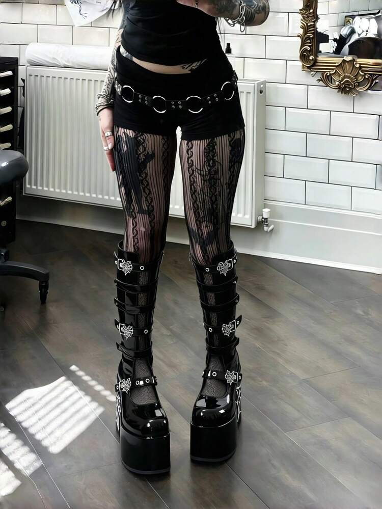 Women's Black Platform Spider Web Gothic Knee High Boots Round Toe Fashionable Sexy Current Motorcycle Party Winter Fall Shoes For Women - màu đen - Xem 1