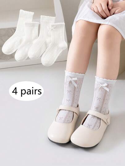 4 Pairs Girls' Solid Color Mesh Breathable Versatile Cute Bow Decor Princess Style Mid-Calf Socks, Suitable For Daily Wear, Casual, Sports, Students, Spring/Summer