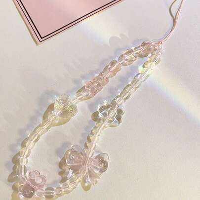Adjustable Bowknot Element 1pc Translucent Butterfly & Bear Phone Lanyard Transparent Glass Bead Phone Chain Delicate Fairy-Like Niche Design Keychain Bag & Car Key Holder (Actual Size May Slightly Differ From Photo Due To Shooting Angle And Magnification) Spring Gift Birthday