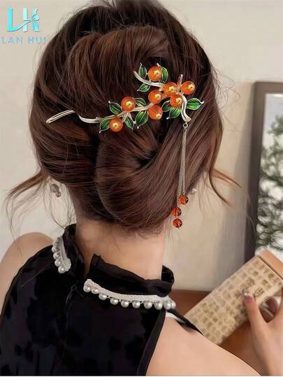 1件春夏女士柿子形流苏合金扭香蕉发夹，新款中国风马尾辫发型配饰，适合日常外出、生日派对、波西米亚优雅造型