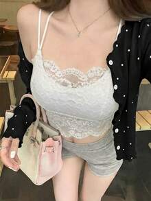 新款春夏韩版波点针织开衫，时尚优雅修身荷叶边长袖上衣，度假必备 - 黑底白點 - 查看 4