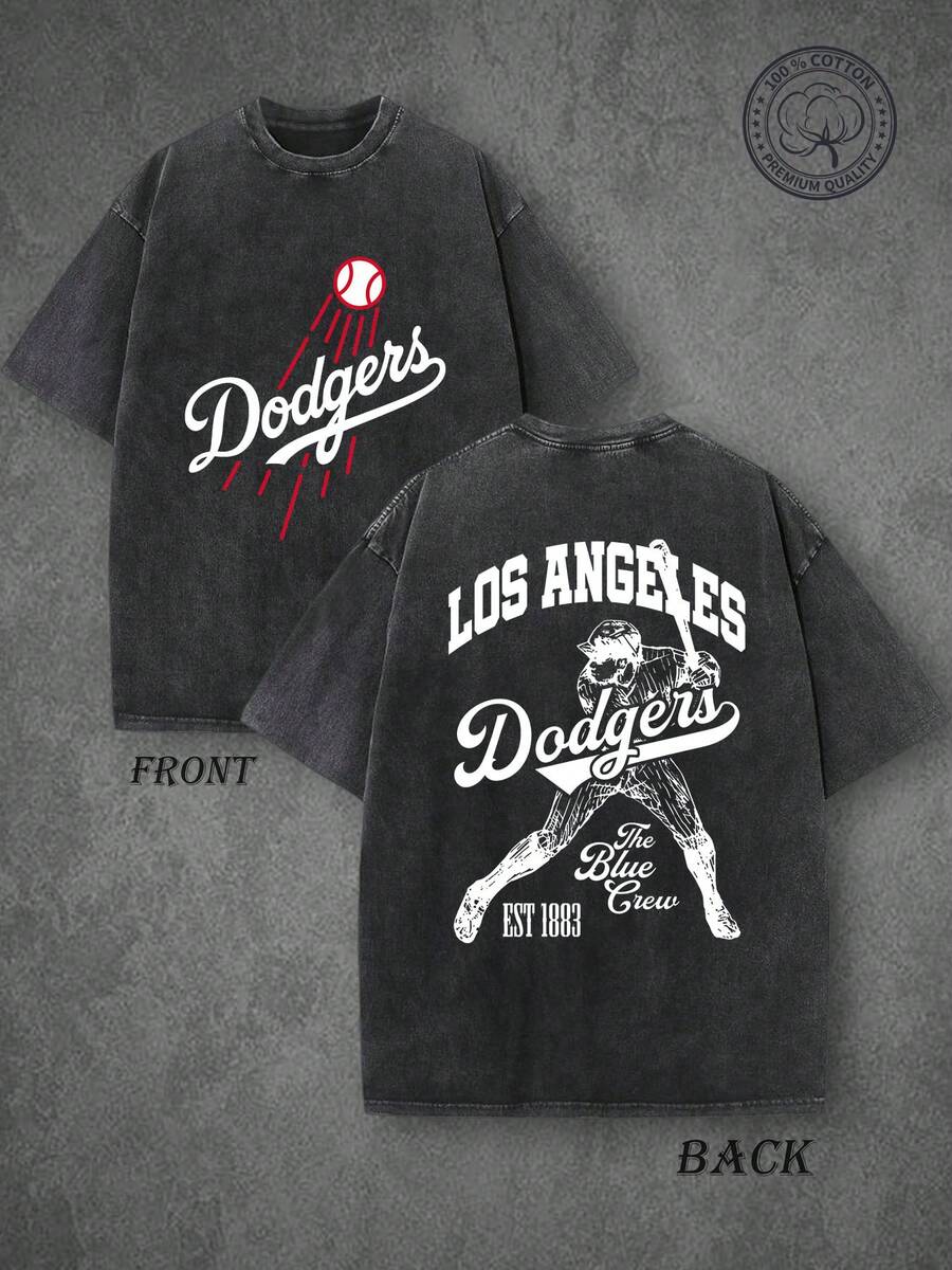 LA Dodgers Washed Vintage Short Sleeve T-Shirt | Retro Baseball T-Shirt, Single-Sided Print, High Quality T-Shirt, Classic Washed Shirt, Washed Pure Cotton T-Shirt, Casual Style, Perfect Gift Choice, Comfortable, Fashion Street Style Pure Cotton T-Shirt. - 黑色 - 查看 1