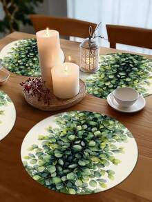 4 piezas/6 piezas Manteles individuales redondos con estampado de hojas verdes, decoración del hogar de temporada para primavera/verano, estilo moderno, material similar al lino, decoración del hogar y la cocina, suministros para fiestas interiores/exteriores, decoración con tema de verano - Multicolor - Ver 6