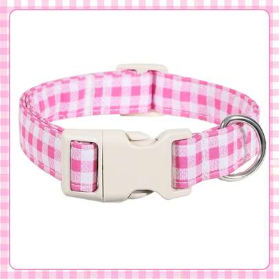 Classic Pink & White Plaid Dog Collar, Cute Pink & White Plaid Design With Simple Buckle And Durable Polyester Material, Suitable For Small To Large Dogs, Can Be Used Indoors And Outdoors