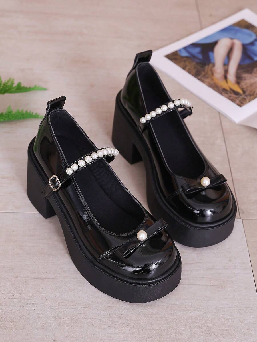 Giày Mary Jane da màu tối cho nữ, đế dày, thiết kế cao gót, phong cách học viện Nhật Bản, giày Lolita đa năng.