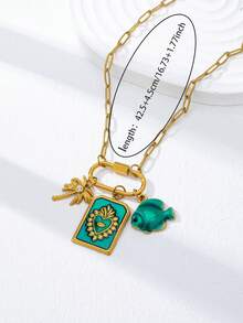 1 pieza Collar con colgante de corazón y pez de esmalte azul, collar de cadena de acero inoxidable con cierre de mosquetón, joyería bohemia de playa chapada en oro de 18K para mujeres - Collar con colgante de corazón y pez esmaltado en azul - Ver 3