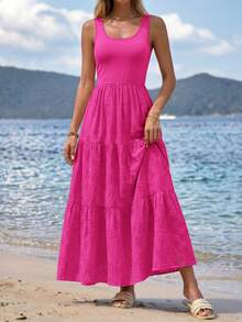 Women Summer Sleeveless High Waist Patchwork Eyelet A-Line Flowy Tiered Long Maxi Dress Spring Vacation Holiday Beach Wedding Guest Dress Outfits - 玫紅色 - 查看 5