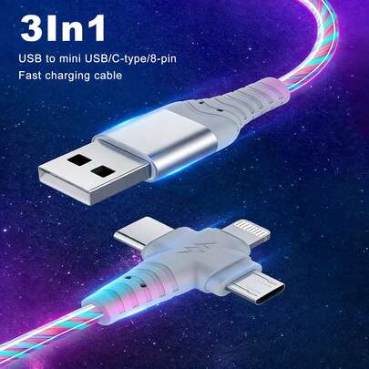 三合一LED流光USB数据线，快速充电兼具炫彩设计，兼容Micro USB/Type-C/Lightning设备，适用于等设备。