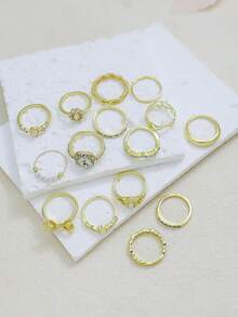 Bộ 15 chiếc nhẫn thời trang mạ vàng hình bướm, hoa và lá đính ngọc trai giả, thích hợp cho phụ nữ đeo hàng ngày, đi biển, mùa hè, cũng là món quà lý tưởng cho Ngày Valentine, Ngày của Mẹ. - Vàng - Xem 3