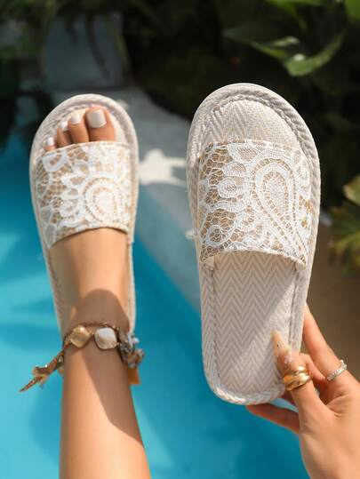 2026 大码女士夏季亮片亚麻室内拖鞋，透气舒适，四季皆宜的套脚凉鞋