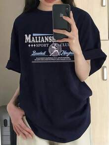 Japanese Style Women Loose Casual Crew Neck Cartoon Letter Print Short Sleeve T-Shirt, Spring/Summer - Dark Blue - View 2