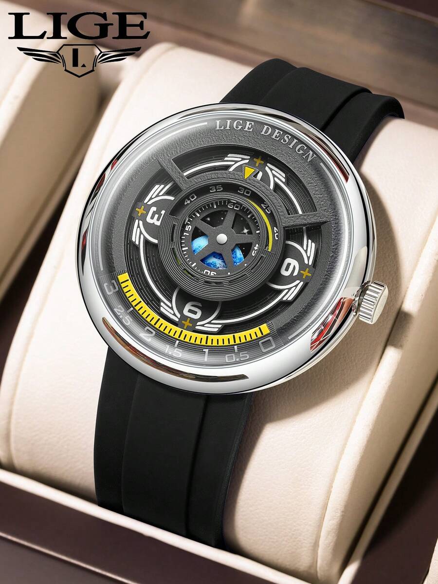 LIGE New Fashion High-End Luxury Men's Quartz Watch, Starry Hollow Dial, Waterproof Design, Men's Casual Watch