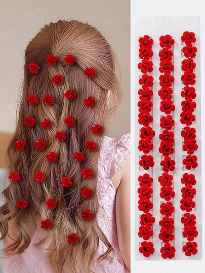 10pcs Red Flocked Rose Flower Hair Buckle Clip Braided Hair Clip Girl Hairpin All-Match Spring Photo Headdress Hair Accessories (Without Paper Card)