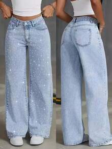 PETITE New Women's Starry Rhinestone Decor Wide Leg Jeans, Fashion Design Casual Versatile Pants - Medium Wash - View 3
