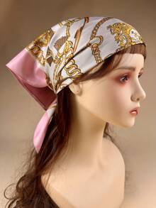 1pc Women's Square Silk Scarf With Chain Pattern, Elegant Neckerchief Headscarf Hair Accessory - Pink - View 2
