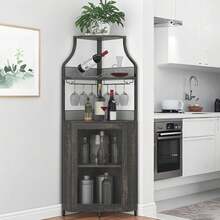clóset de Esquina para licores con estantes Ajustables, clóset de Barra Industrial 61 Pulgadas, no Empotrado con Puerta de Malla y Soporte de Vidrio para Cocina, Color café rústico. - Roble Fresno - Ver 7