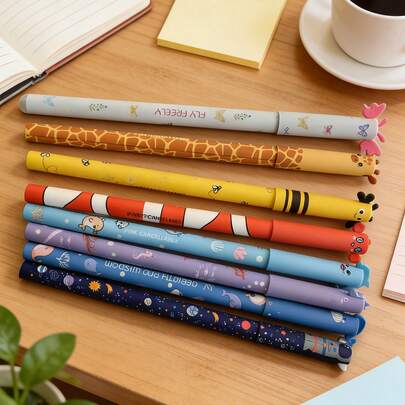 8pcs Erasable Gel Pens, Multiple Ink Colors And Barrel Designs, 0.5mm Tip, Assorted Animal Patterns, Ideal For Children's Parties, Back To School Supplies, Fun Stationery, Birthday Gifts
